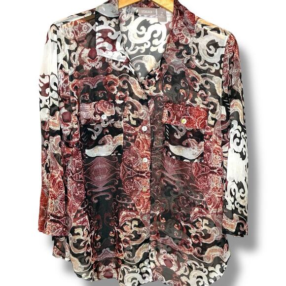 Chico's Top Size 2 (Large) Button Up Chiffon Semi-Sheer Artsy Aztec Paisley - Picture 2 of 6